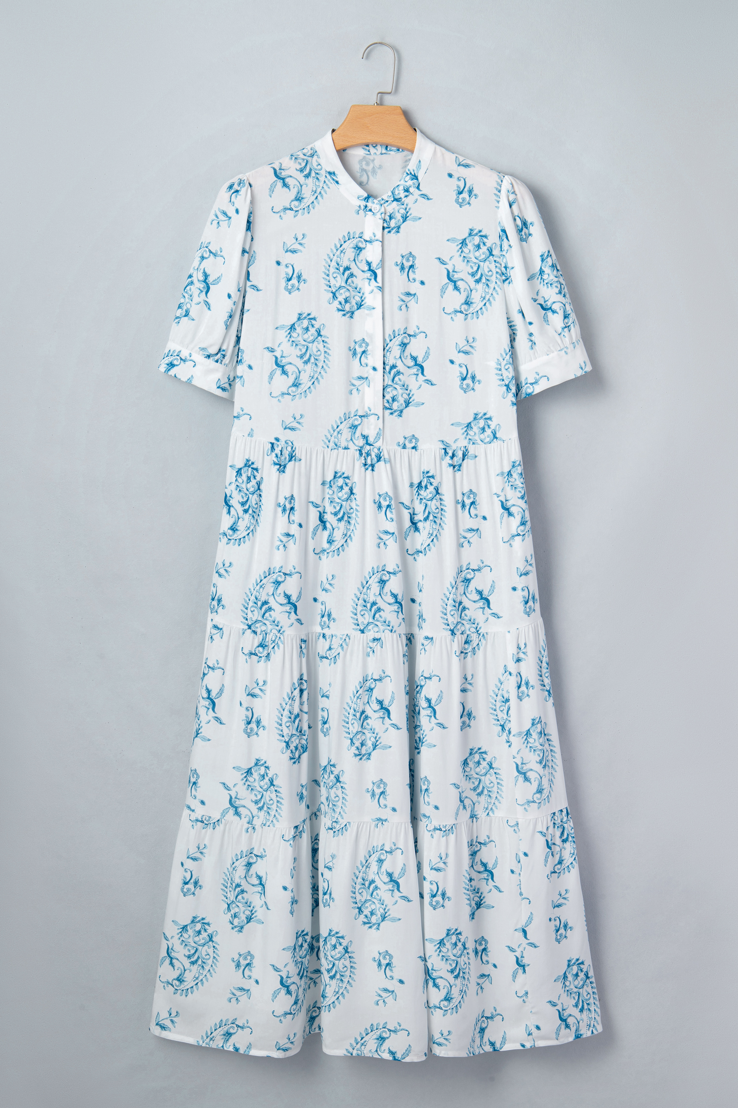 Plus Size Sky Blue  Geometric Floral Print Button Split Neck Short Sleeve Maxi Dress