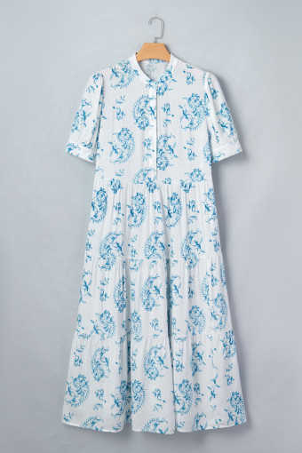 Plus Size Sky Blue  Geometric Floral Print Button Split Neck Short Sleeve Maxi Dress