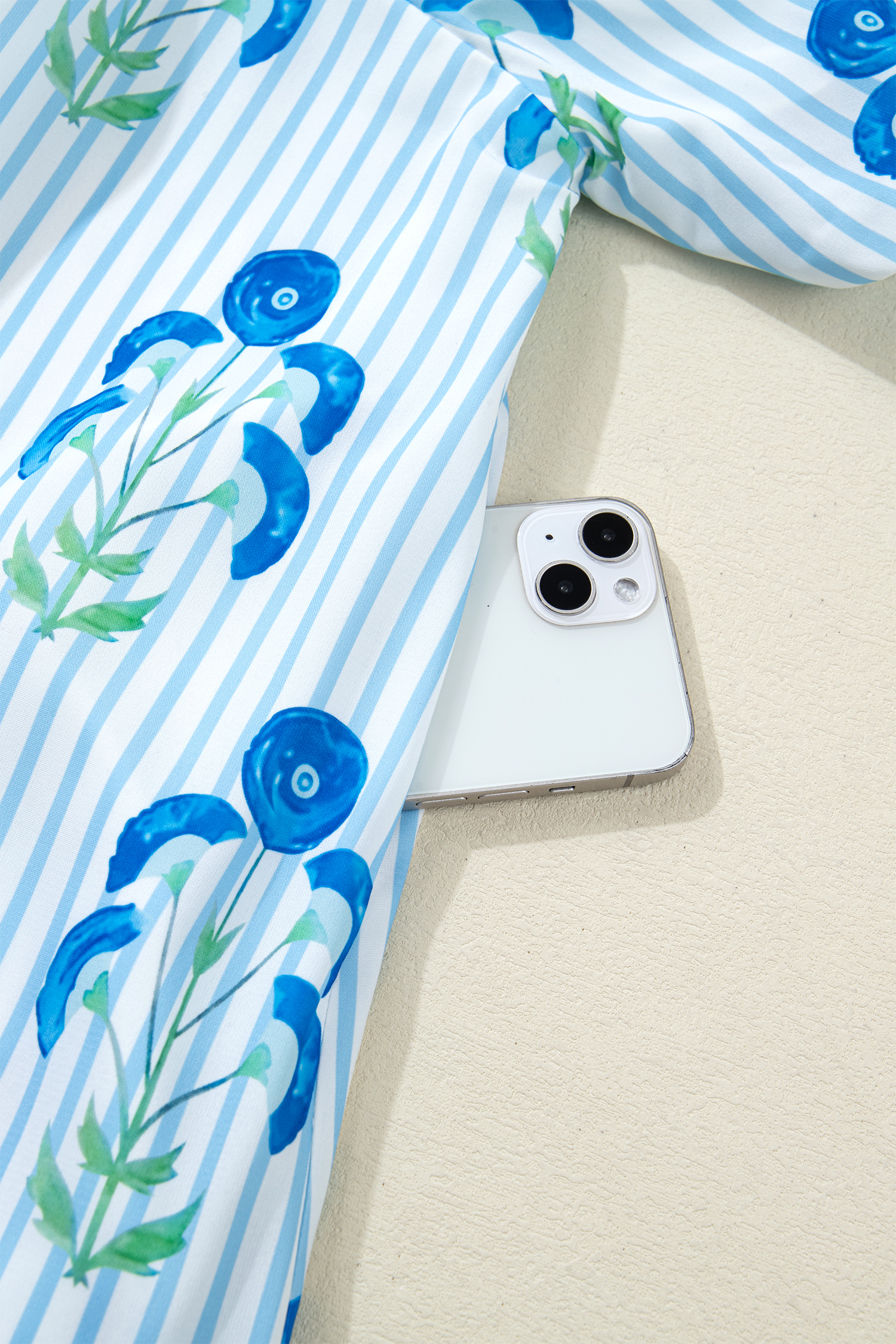 Plus Size Sky Blue Floral Striped Bubble Short Sleeve  Dress