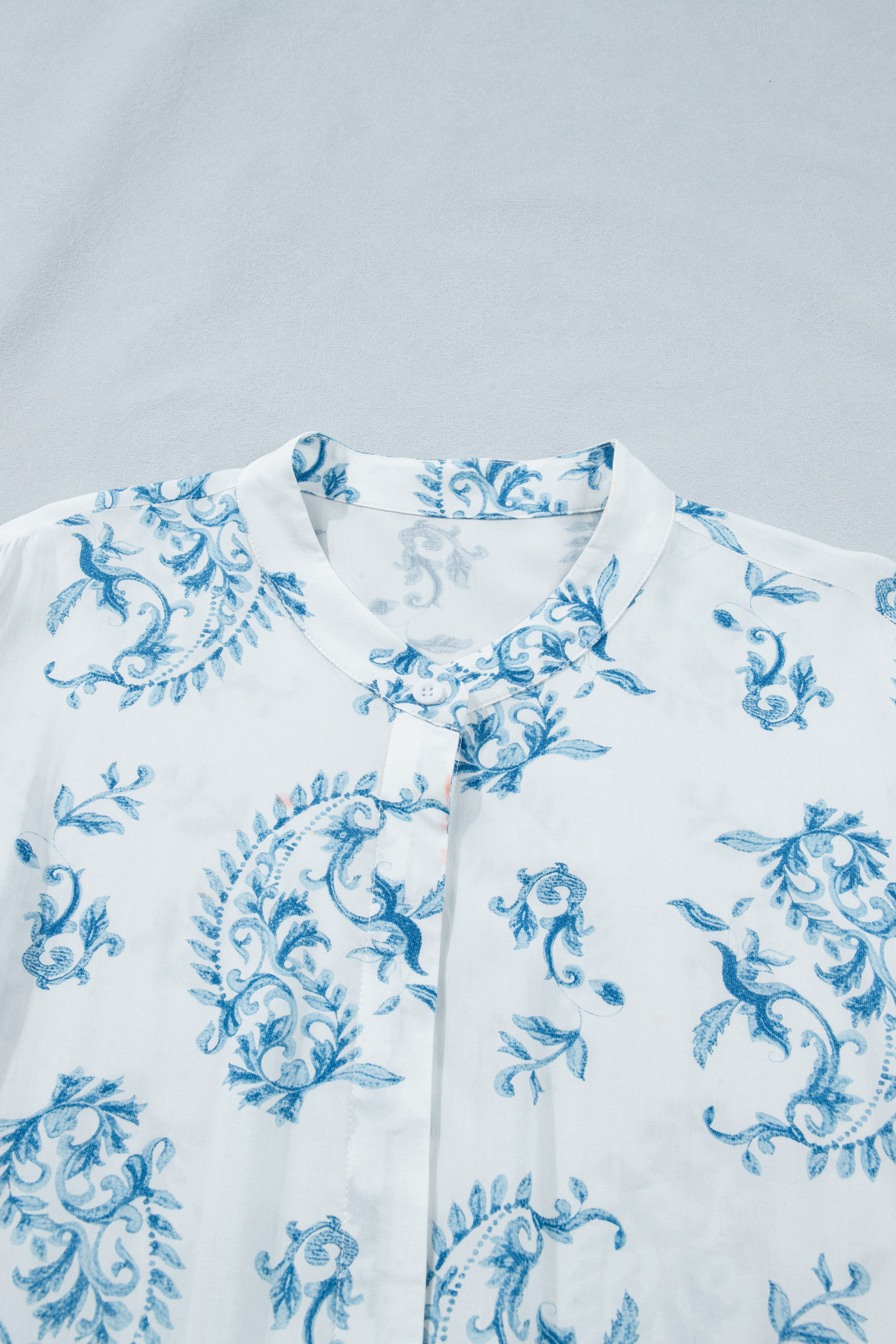 Plus Size Sky Blue  Geometric Floral Print Button Split Neck Short Sleeve Maxi Dress