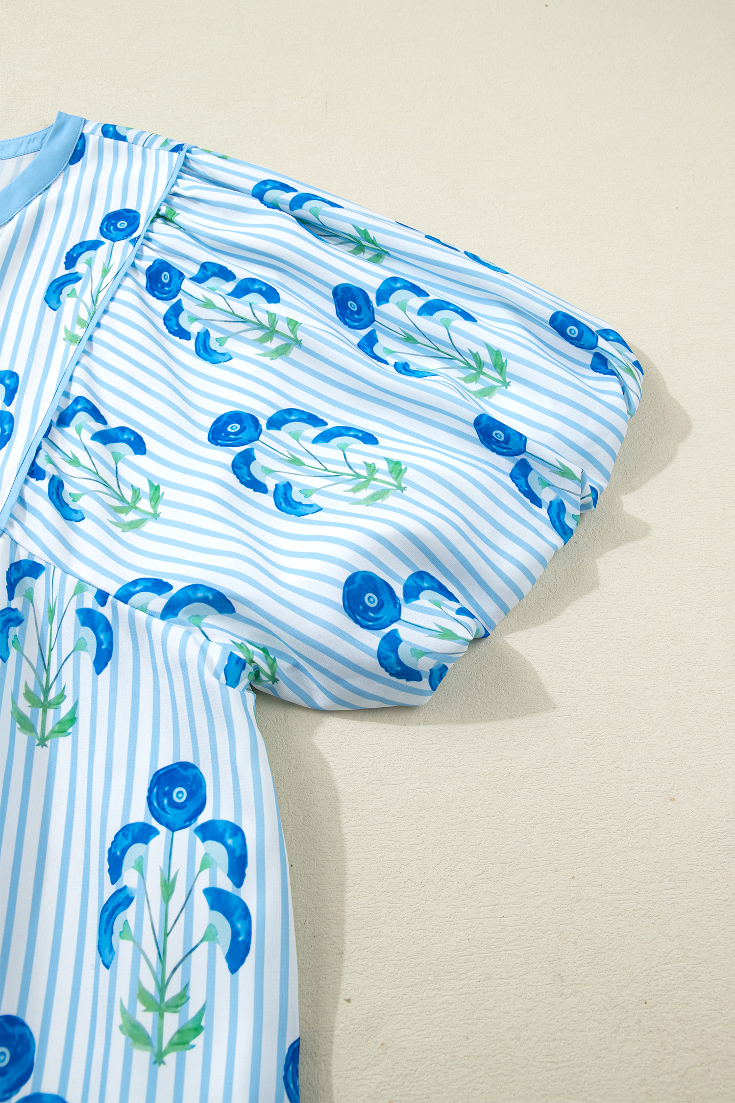 Plus Size Sky Blue Floral Striped Bubble Short Sleeve  Dress