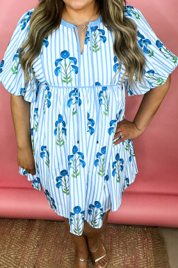 Plus Size Sky Blue Floral Striped Bubble Short Sleeve  Dress