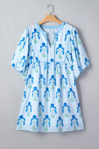 Plus Size Sky Blue Floral Striped Bubble Short Sleeve  Dress