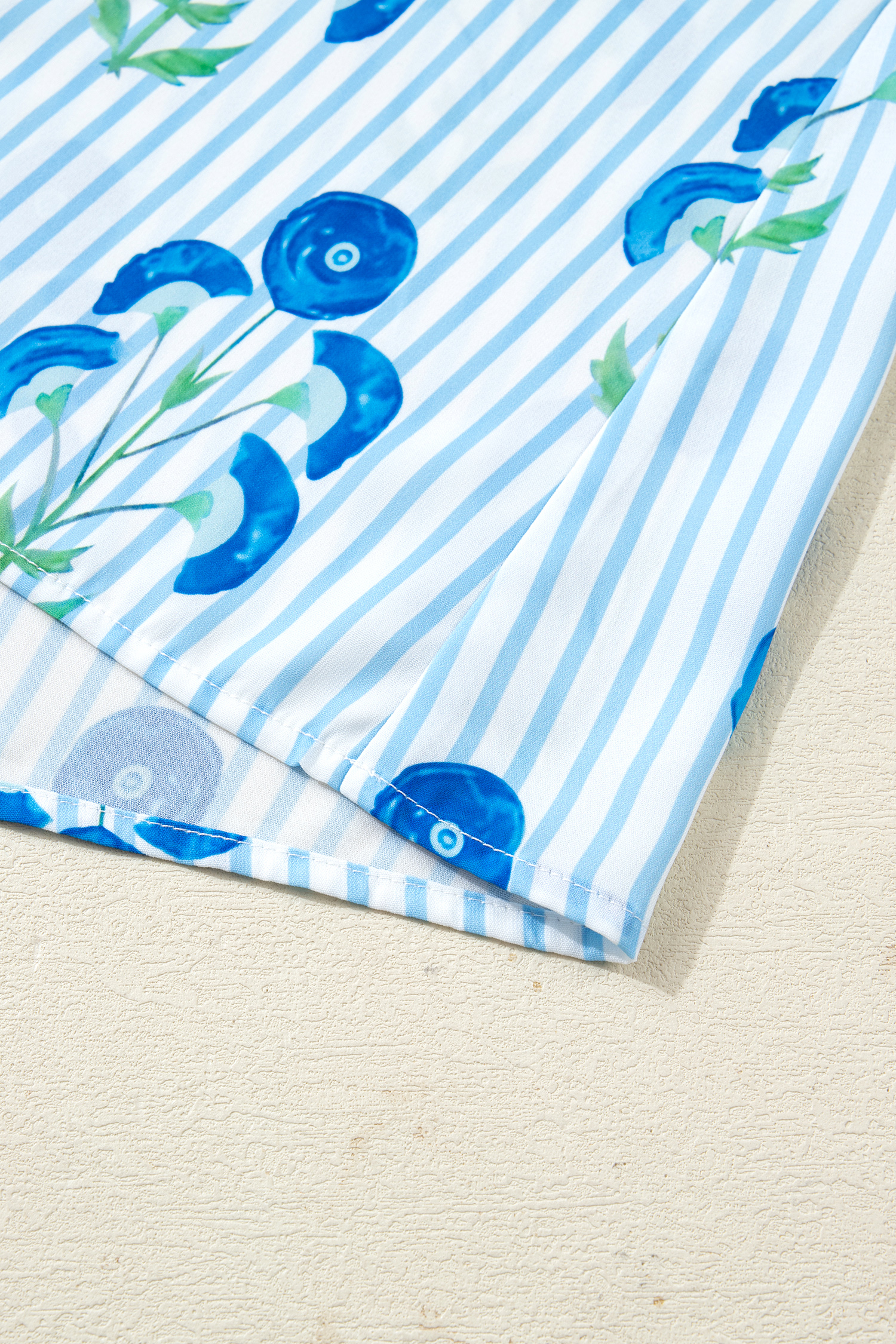 Plus Size Sky Blue Floral Striped Bubble Short Sleeve  Dress