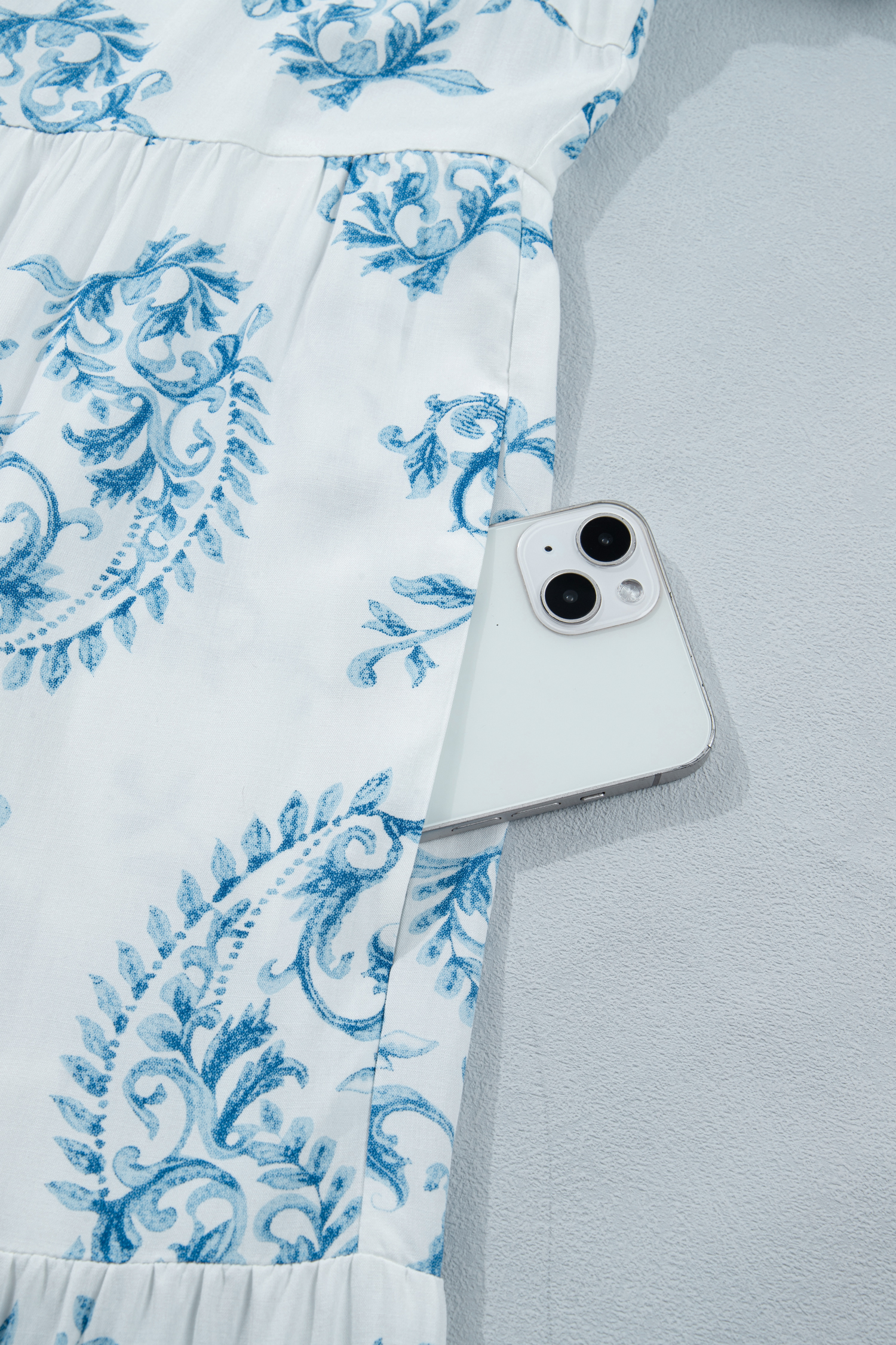 Plus Size Sky Blue  Geometric Floral Print Button Split Neck Short Sleeve Maxi Dress