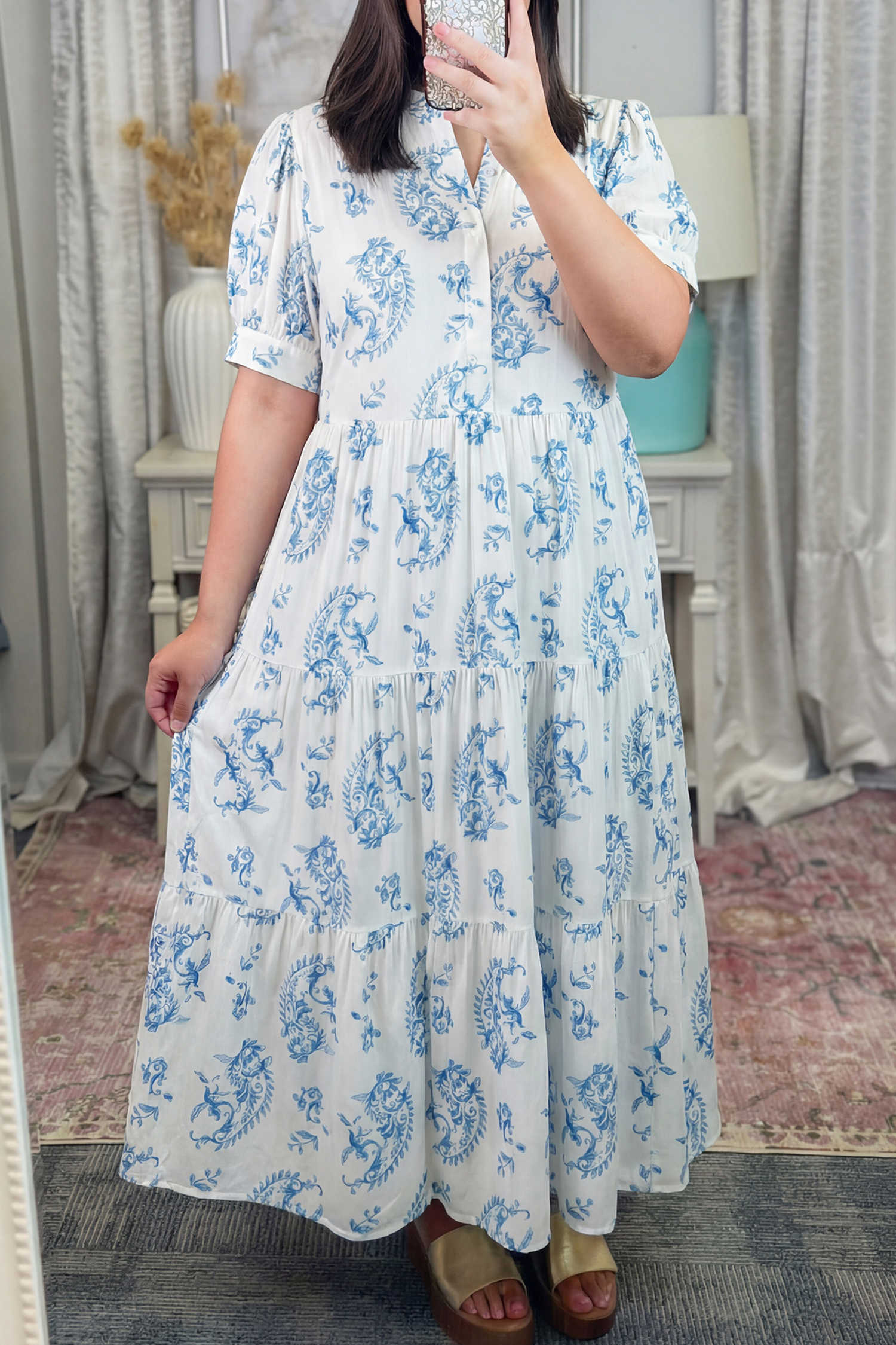 Plus Size Sky Blue  Geometric Floral Print Button Split Neck Short Sleeve Maxi Dress