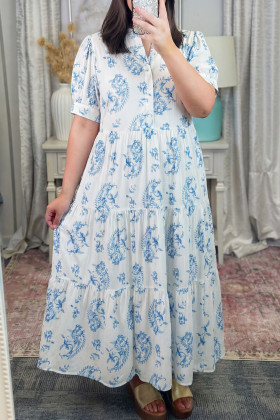 Plus Size Sky Blue  Geometric Floral Print Button Split Neck Short Sleeve Maxi Dress