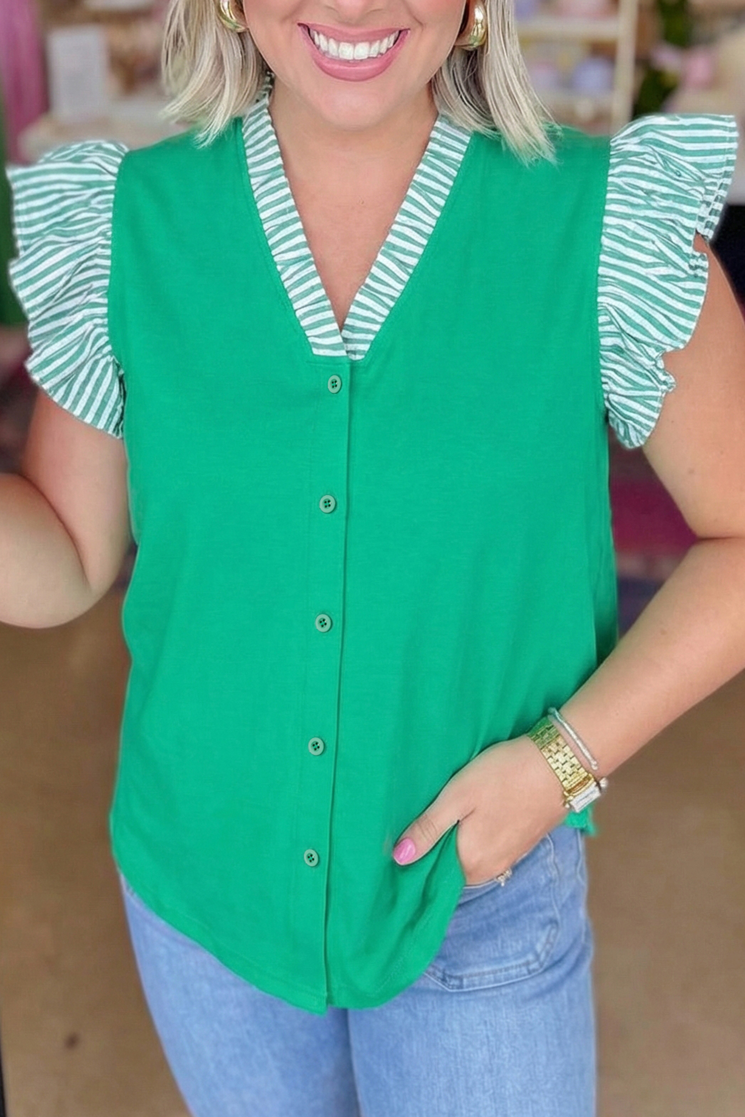 Plus Size Dark Green  Button Front Ruffled Stripe Trim V Neck Flutter Sleeve Blouse