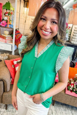 Plus Size Dark Green  Button Front Ruffled Stripe Trim V Neck Flutter Sleeve Blouse