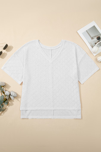Plus Size White Pointelle Rhombus Knit  V Neck Loose Top