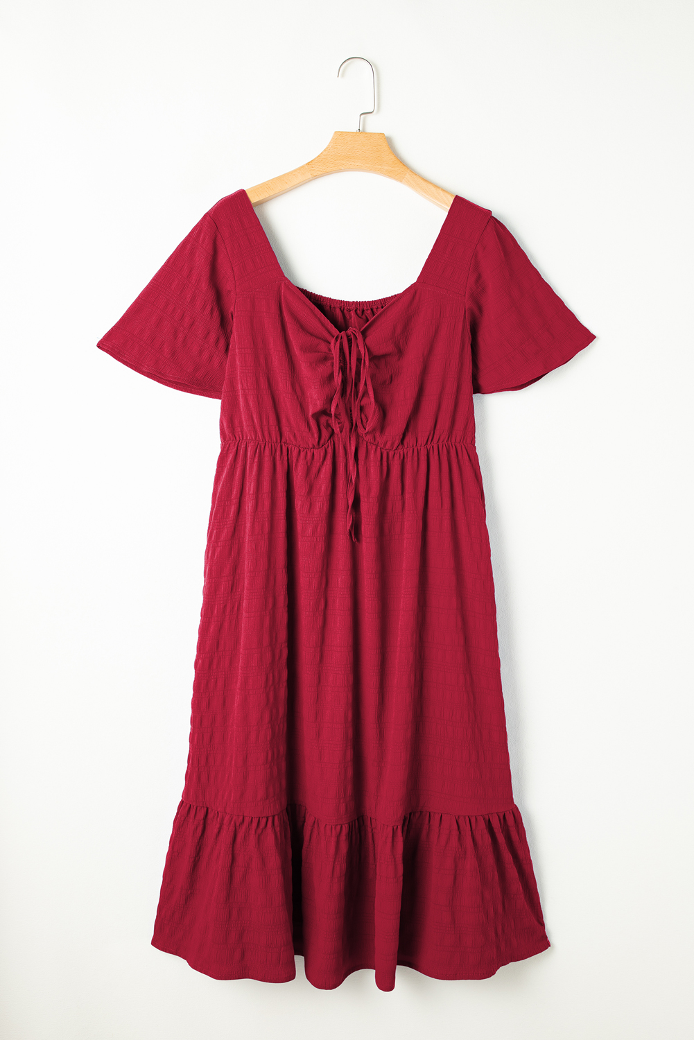 Plus Size Red  Short Sleeve Lace-up High Waist Midi Dress