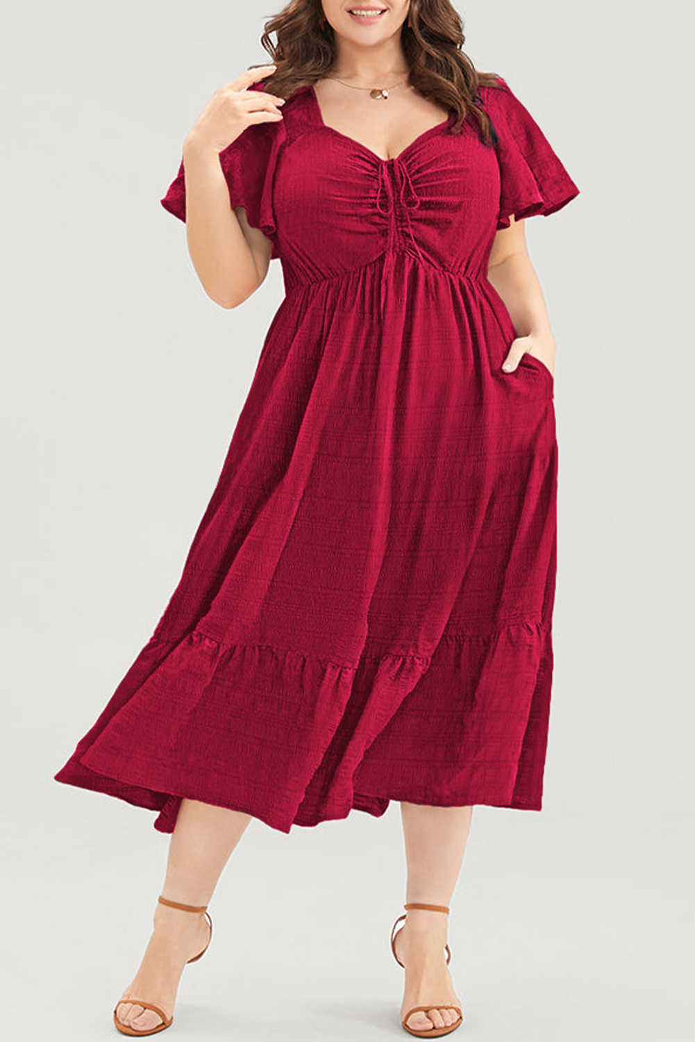 Plus Size Red  Short Sleeve Lace-up High Waist Midi Dress
