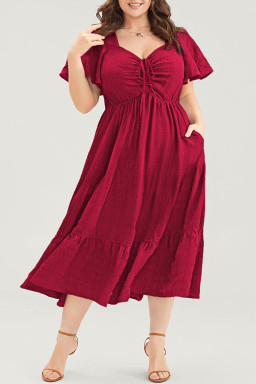 Plus Size Red  Short Sleeve Lace-up High Waist Midi Dress