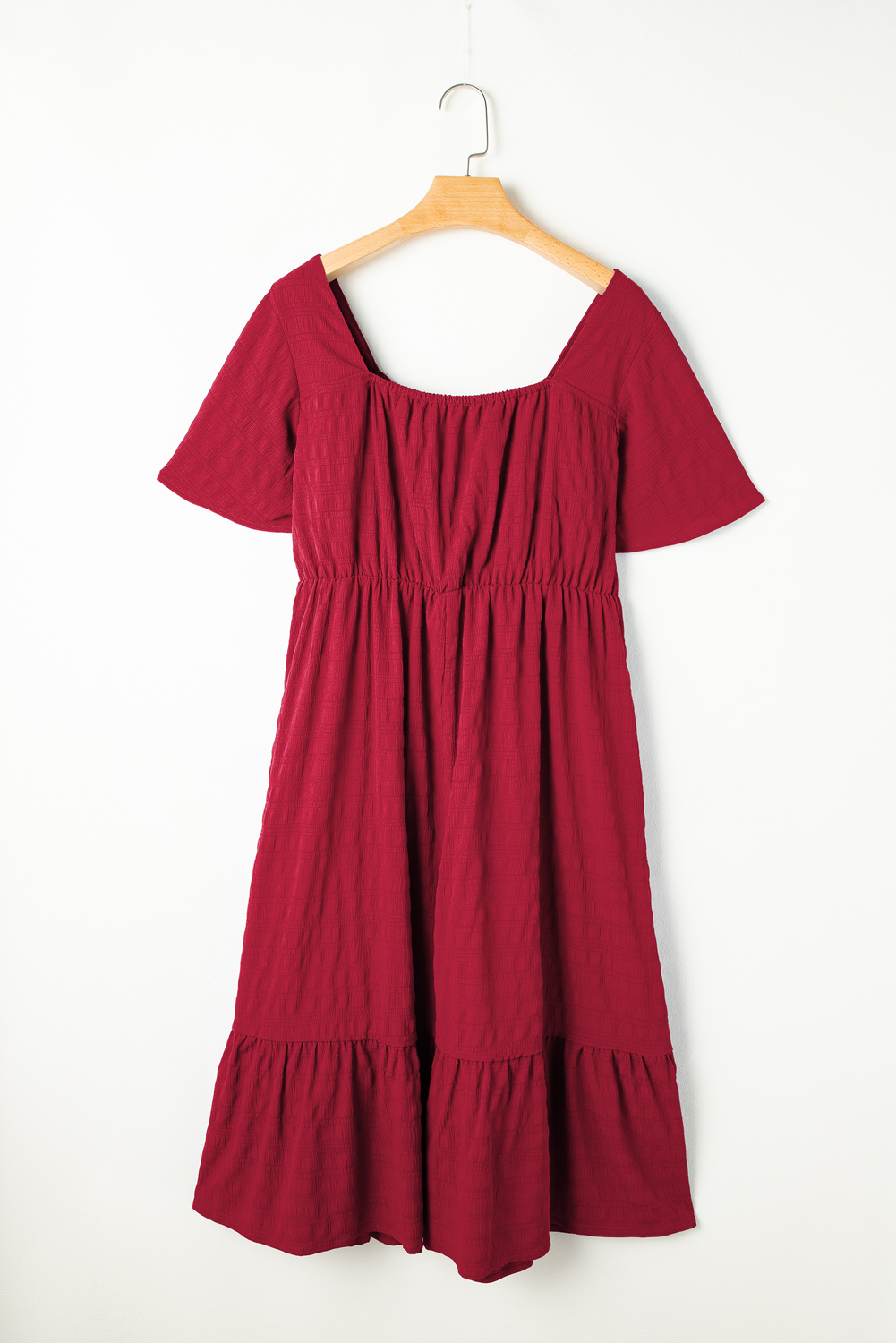 Plus Size Red  Short Sleeve Lace-up High Waist Midi Dress
