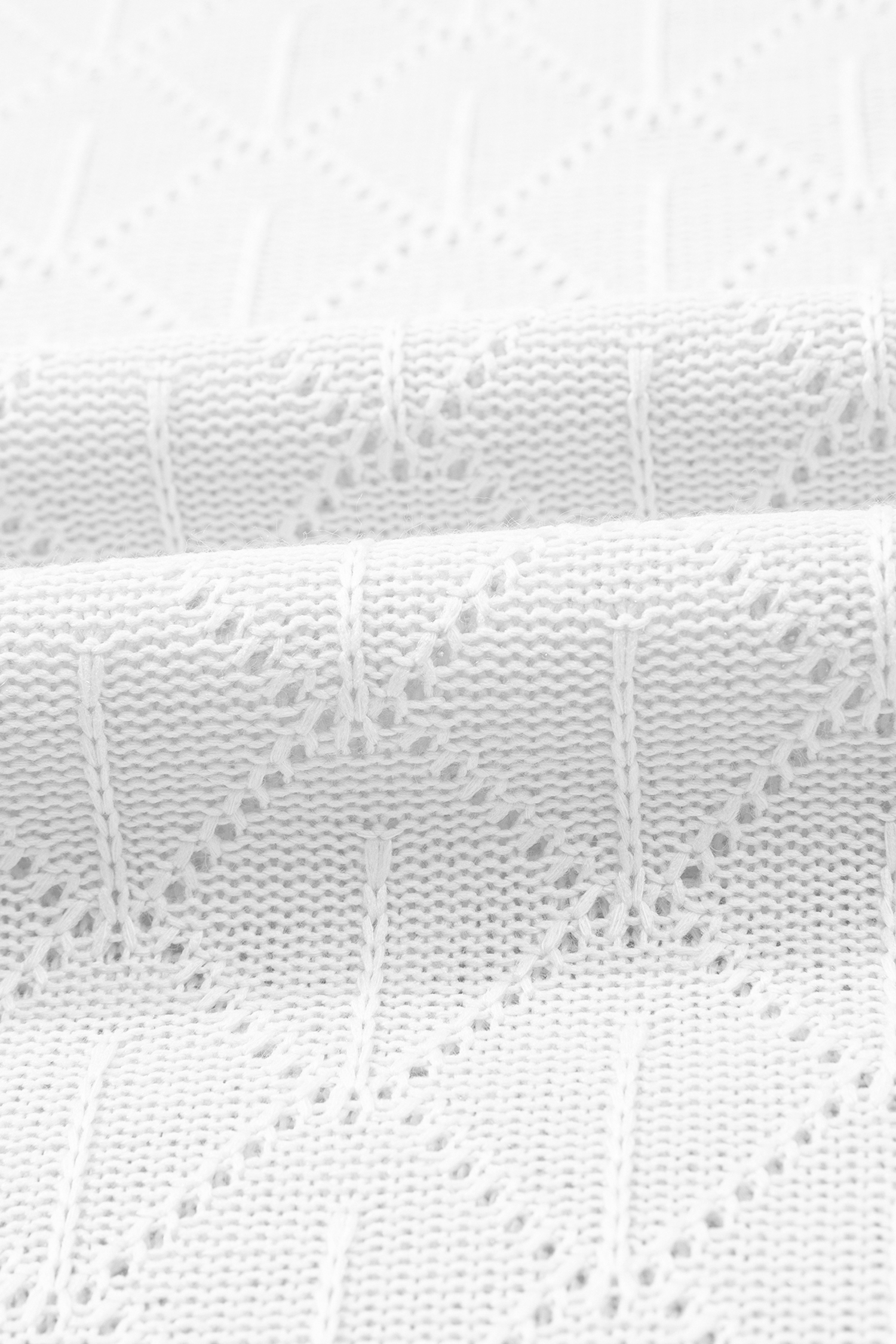 Plus Size White Pointelle Rhombus Knit  V Neck Loose Top