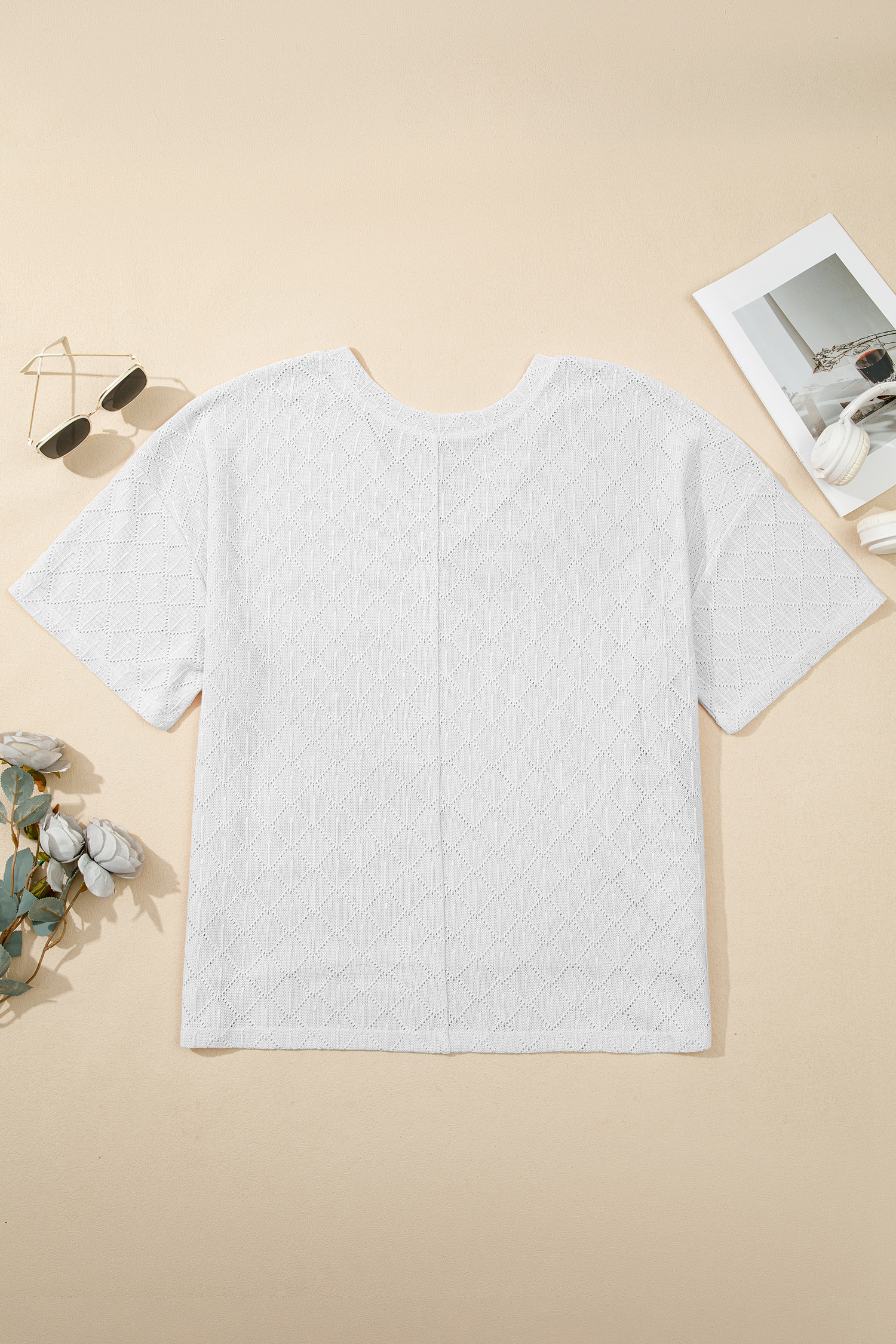 Plus Size White Pointelle Rhombus Knit  V Neck Loose Top