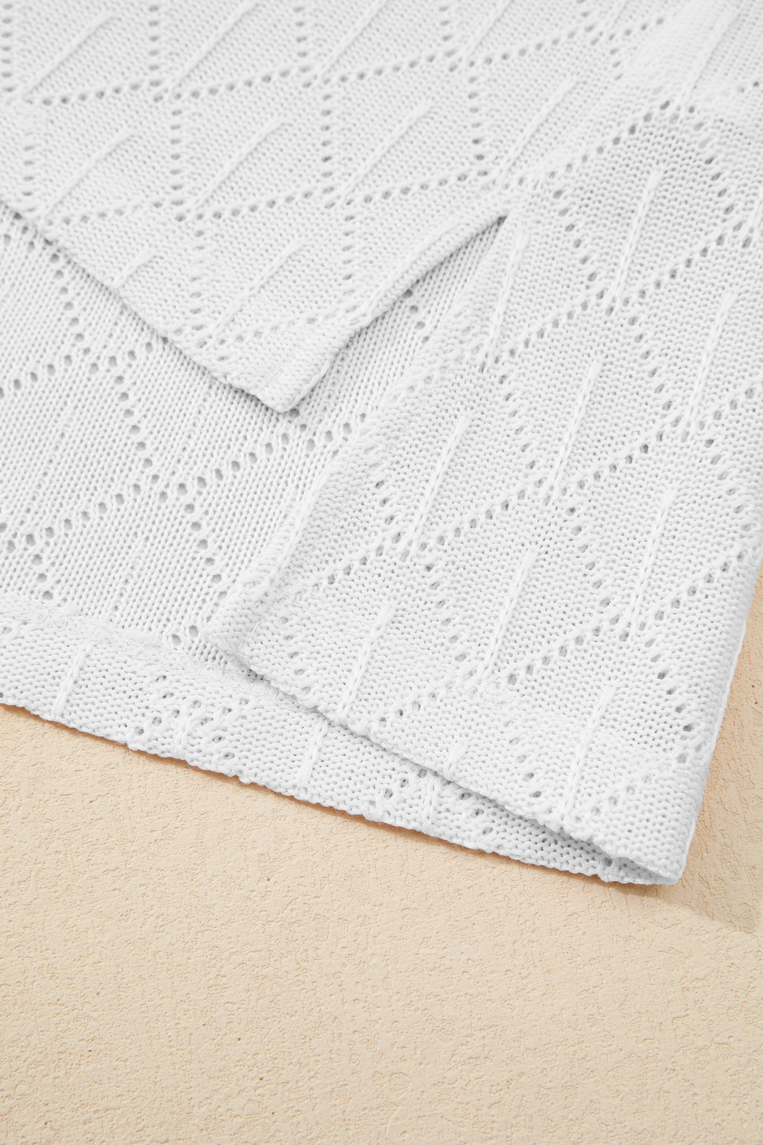 Plus Size White Pointelle Rhombus Knit  V Neck Loose Top