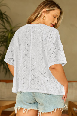 Plus Size White Pointelle Rhombus Knit  V Neck Loose Top