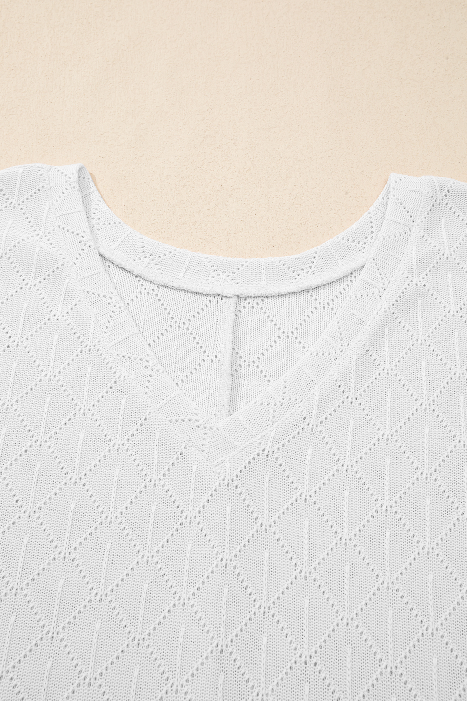 Plus Size White Pointelle Rhombus Knit  V Neck Loose Top