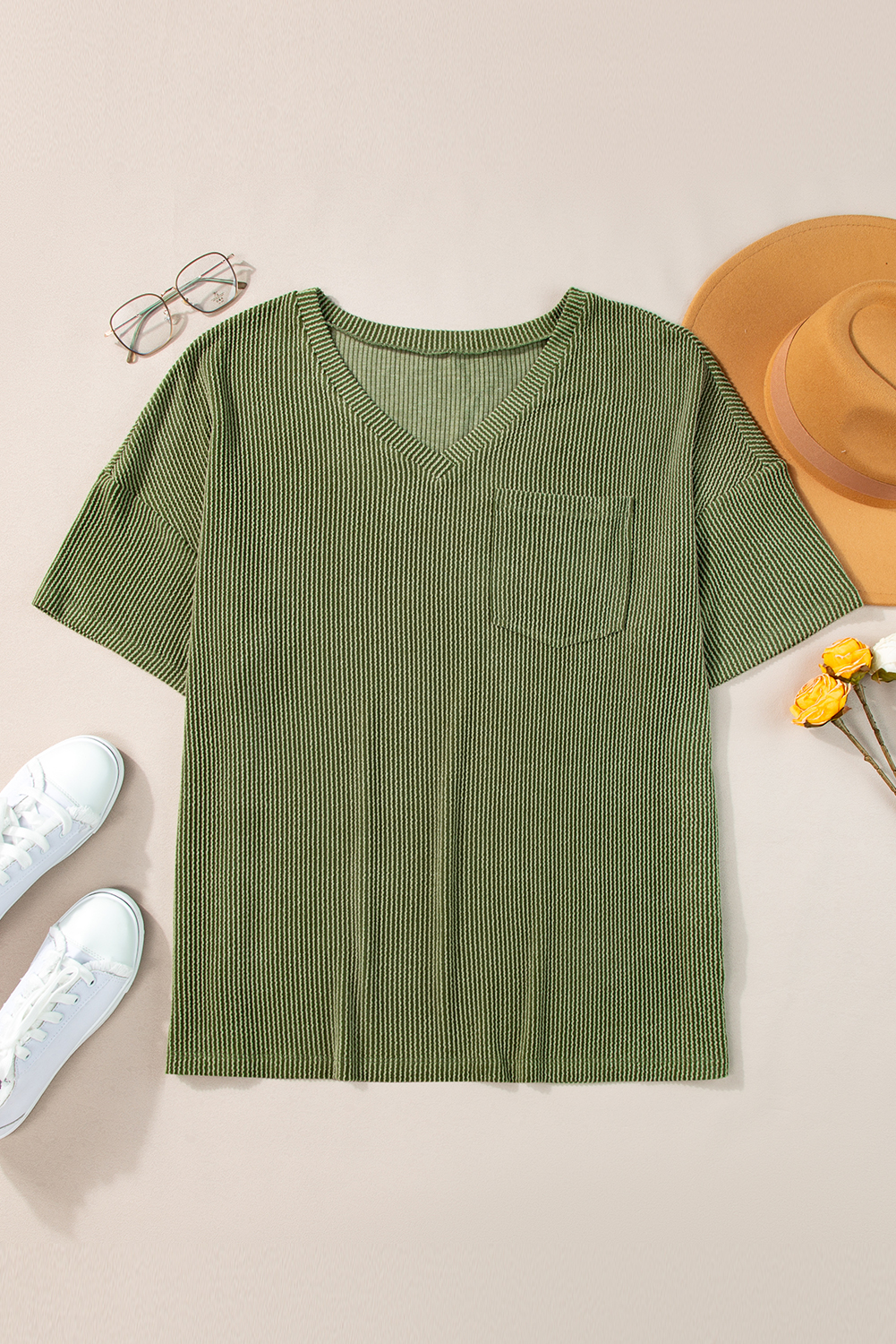 Jungle Green Textured V-Neck Dropped Shoulder Plus T-Shirt
