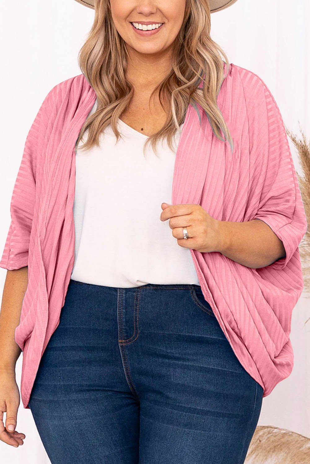 Plus Size Pink Pink Pink Shimmer Ribbed Texture  Cardigan
