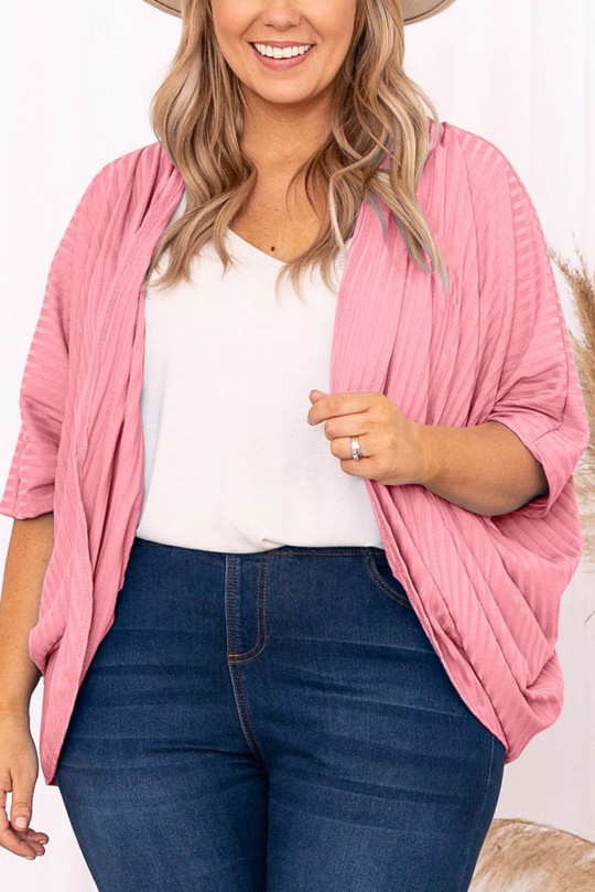 Plus Size Pink Pink Pink Shimmer Ribbed Texture  Cardigan