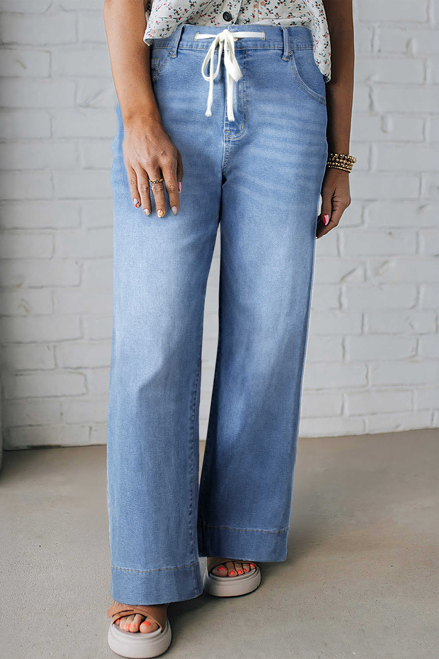 Plus Size Iceland Blue Acid Wash Contrast Lace-up  Jeans