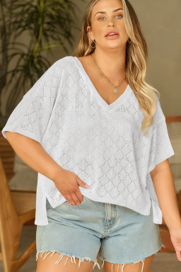 Plus Size White Pointelle Rhombus Knit  V Neck Loose Top
