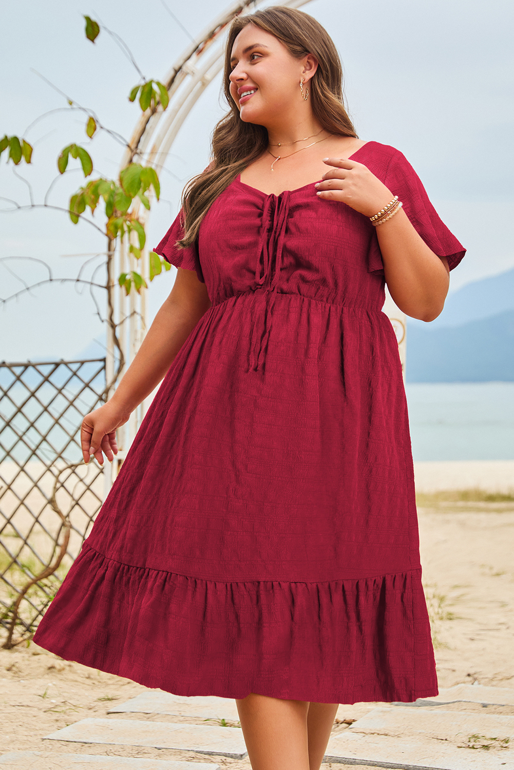 Plus Size Red  Short Sleeve Lace-up High Waist Midi Dress
