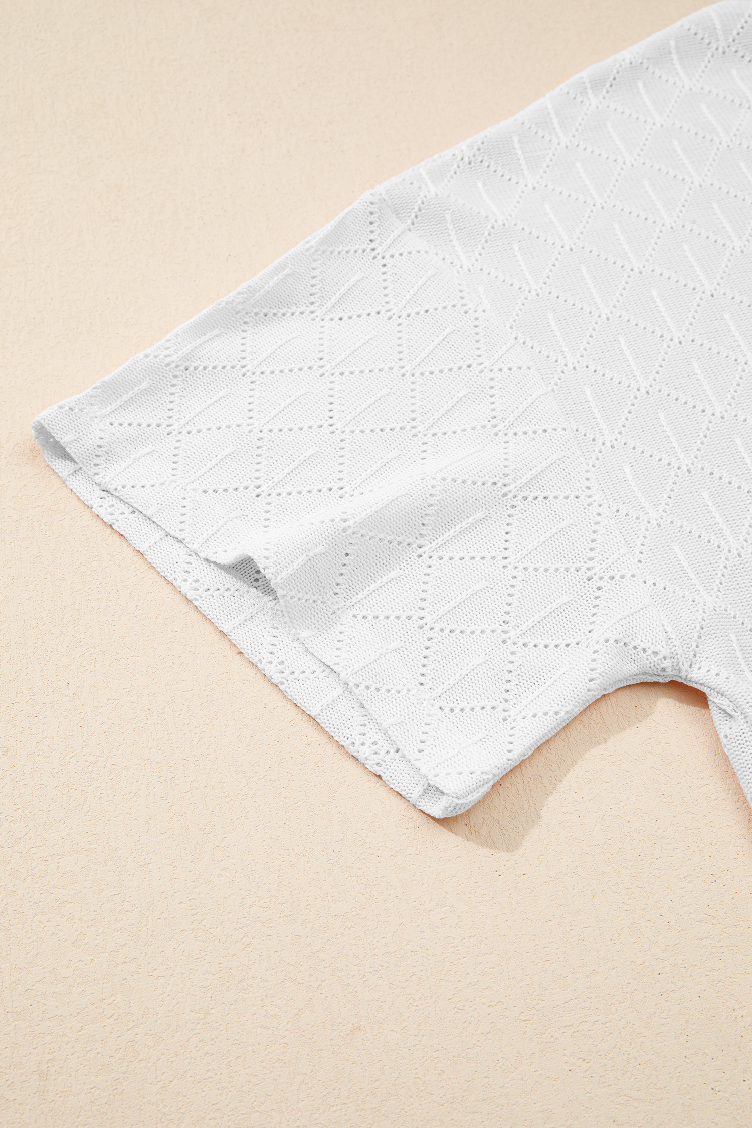 Plus Size White Pointelle Rhombus Knit  V Neck Loose Top