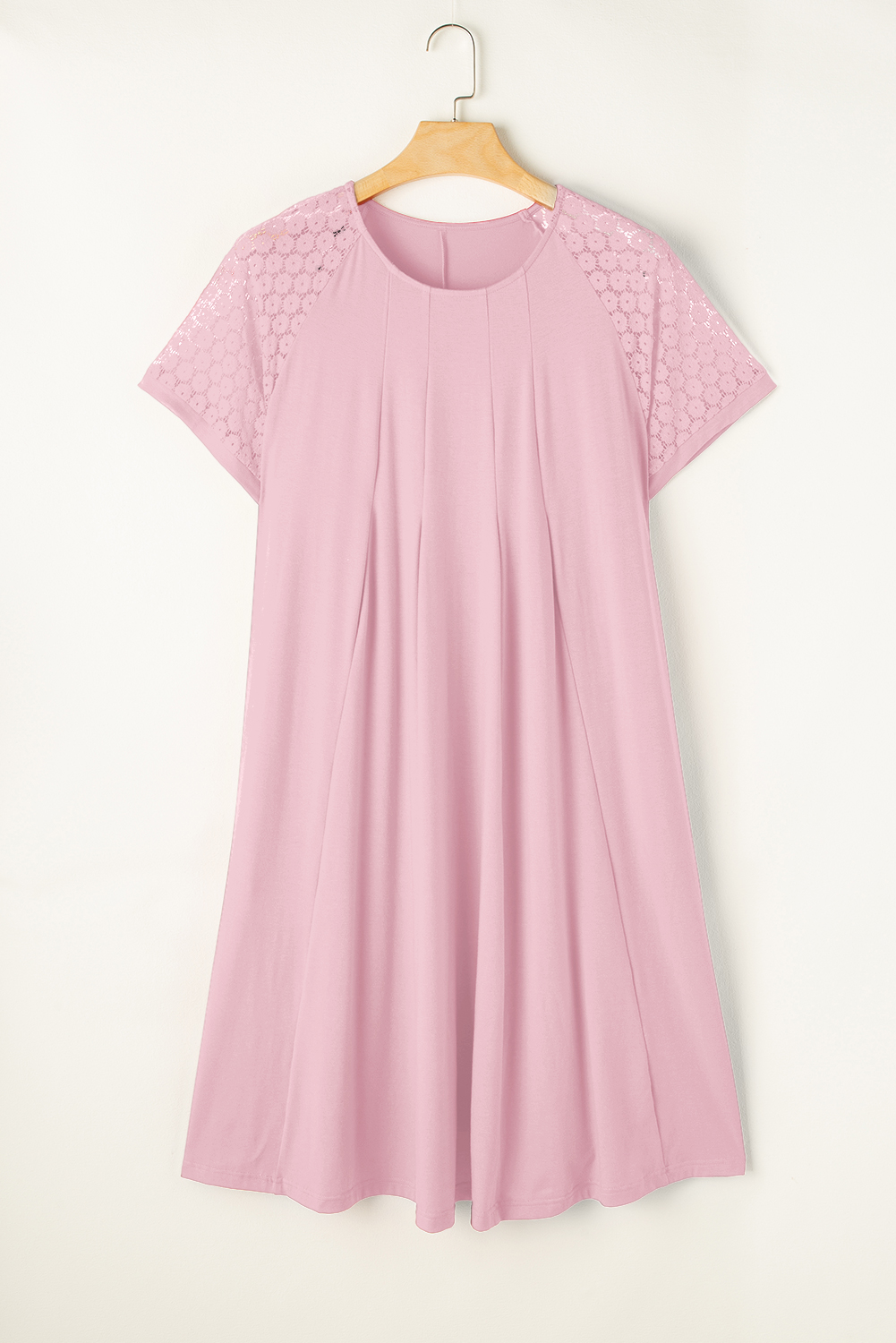 Plus Size Light Pink  Solid Color Lace Short Sleeve Pleated Swing Dress