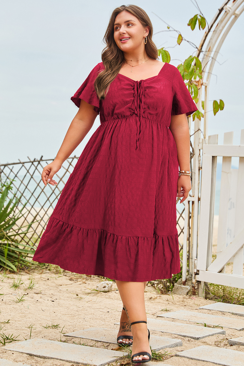 Plus Size Red  Short Sleeve Lace-up High Waist Midi Dress