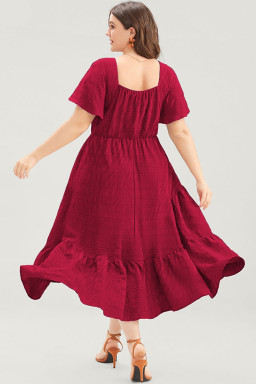 Plus Size Red  Short Sleeve Lace-up High Waist Midi Dress