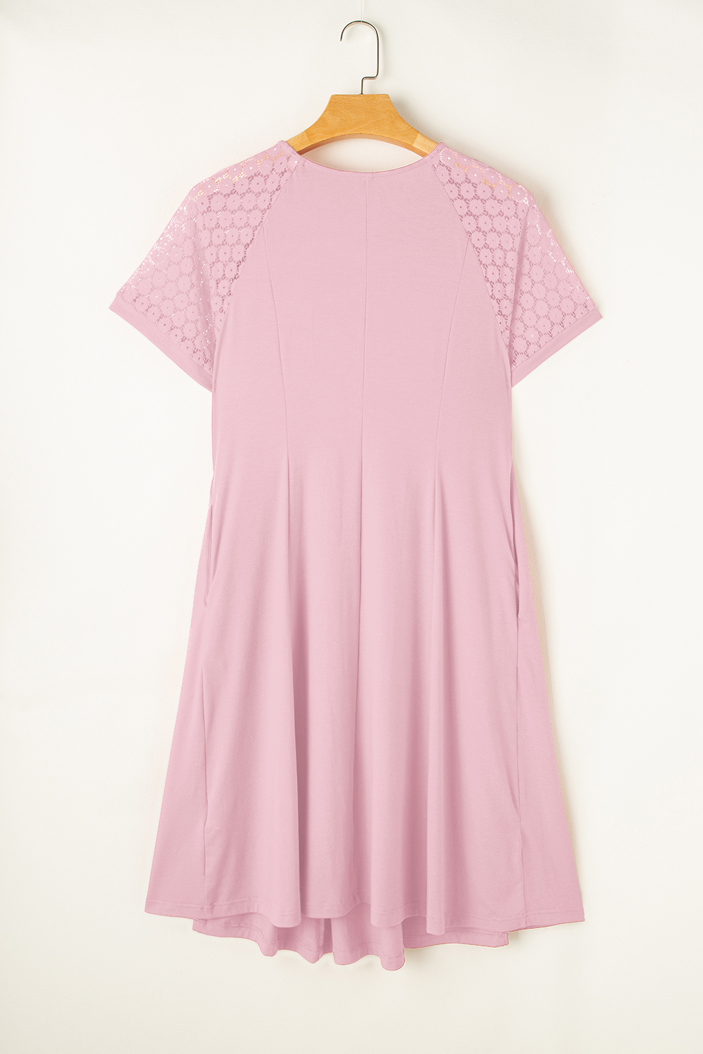 Plus Size Light Pink  Solid Color Lace Short Sleeve Pleated Swing Dress
