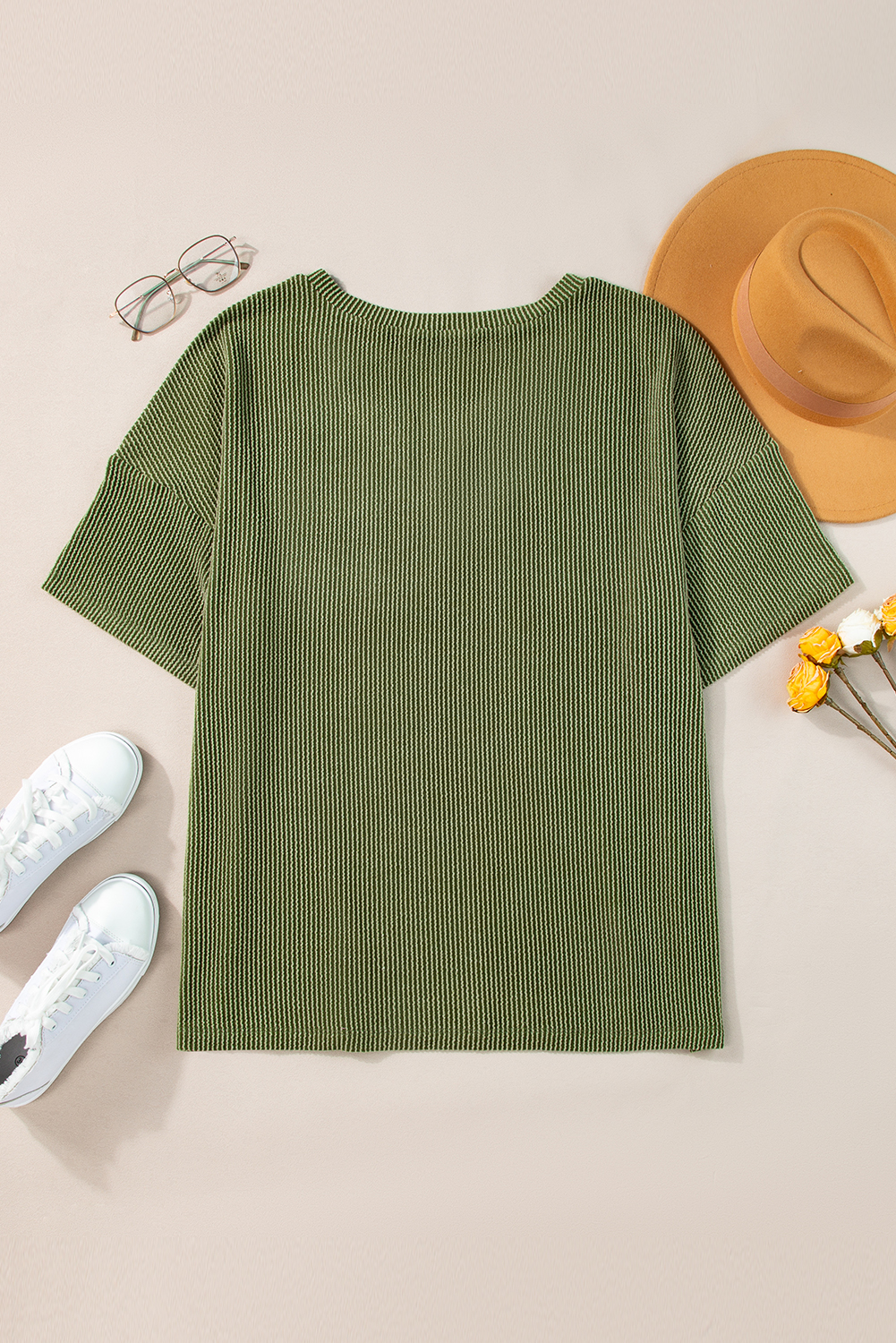 Jungle Green Textured V-Neck Dropped Shoulder Plus T-Shirt