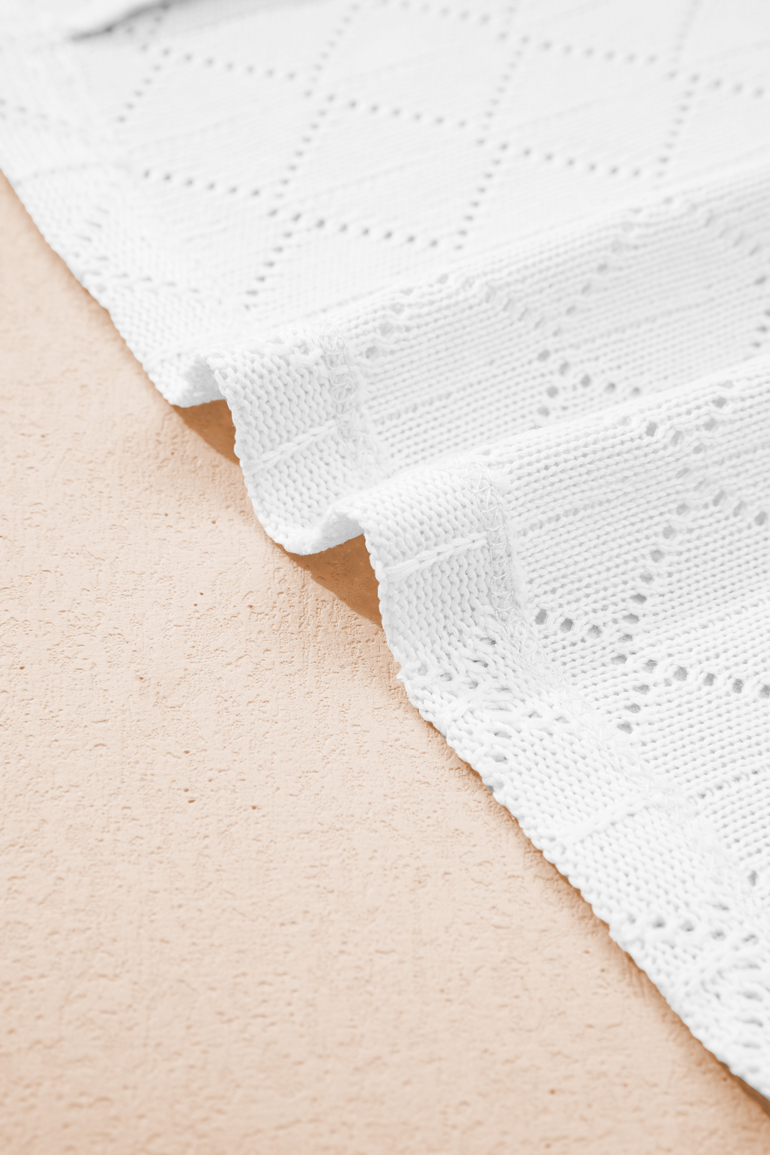 Plus Size White Pointelle Rhombus Knit  V Neck Loose Top