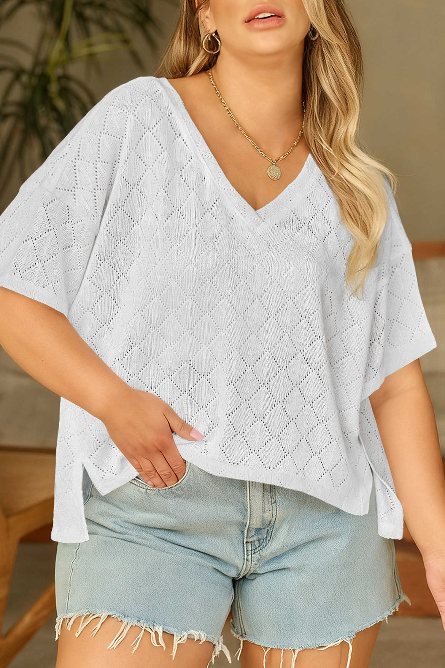 Plus Size White Pointelle Rhombus Knit  V Neck Loose Top
