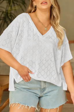 Plus Size White Pointelle Rhombus Knit  V Neck Loose Top