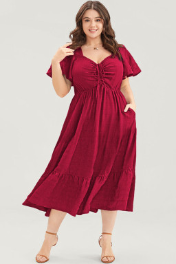 Plus Size Red  Short Sleeve Lace-up High Waist Midi Dress