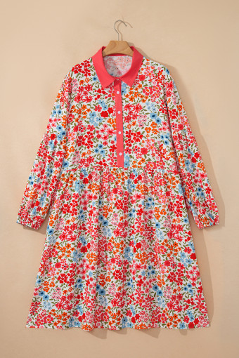 Plus Size Pink  Button V Neck Leopard Print Puff Sleeve Loose Mini Dress