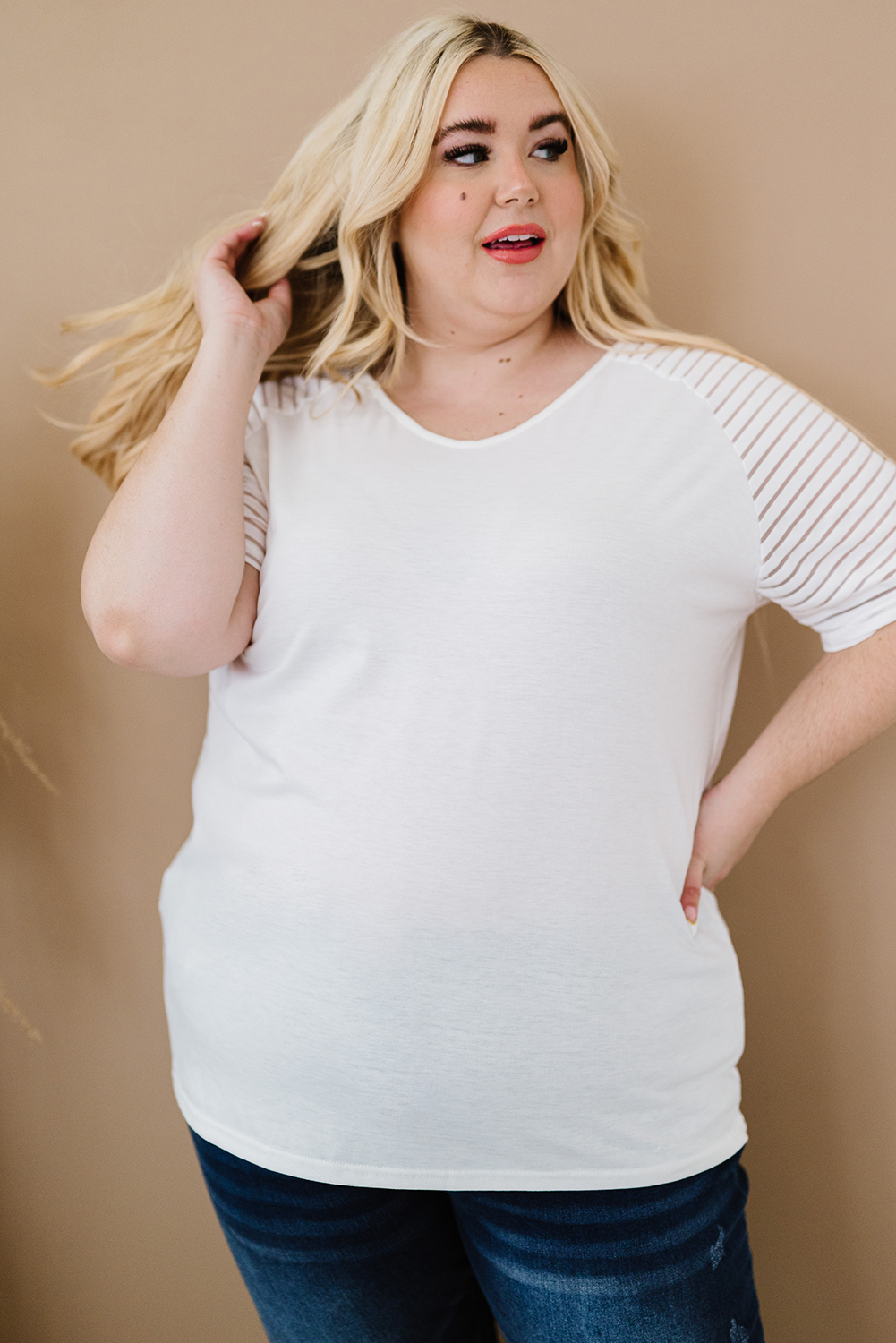 Plus Size White Striped Raglan Sleeve  Tee