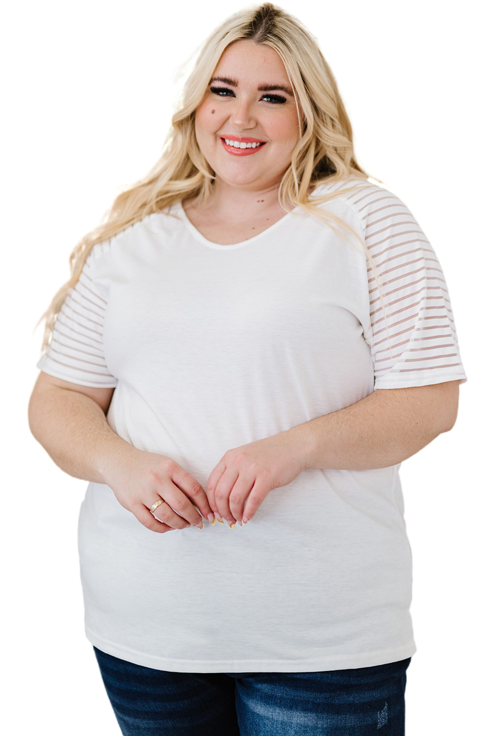 Plus Size White Striped Raglan Sleeve  Tee
