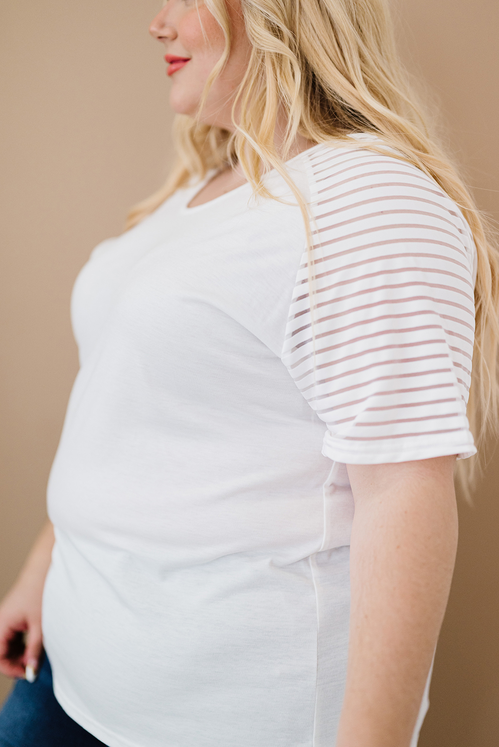 Plus Size White Striped Raglan Sleeve  Tee
