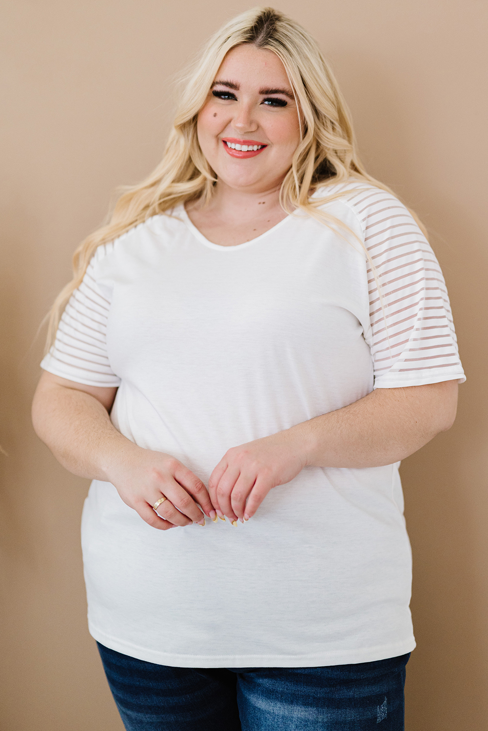 Plus Size White Striped Raglan Sleeve  Tee