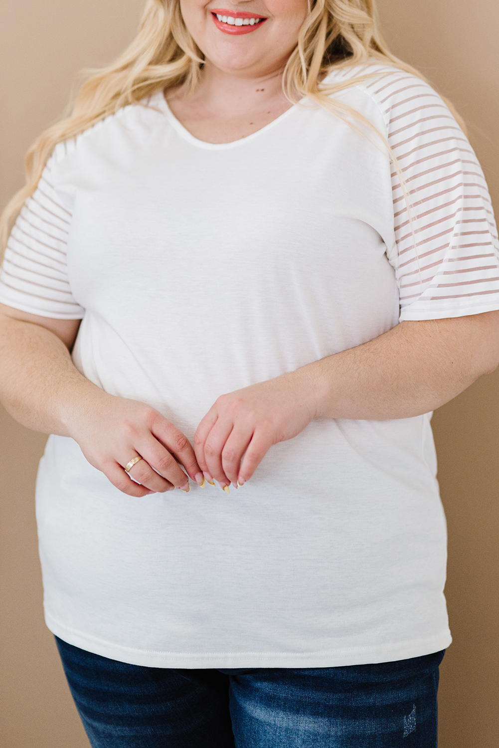Plus Size White Striped Raglan Sleeve  Tee