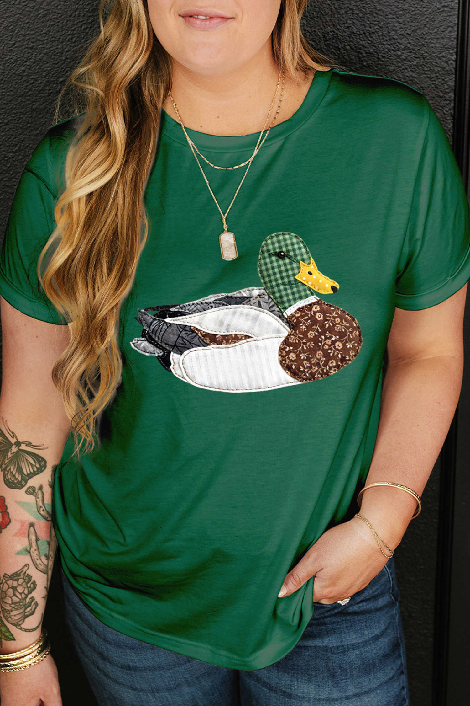 Plus Size Dark Green Faux Patchwork Mallard Duck  Graphic Tee