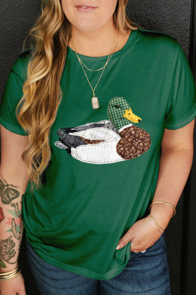 Plus Size Dark Green Faux Patchwork Mallard Duck  Graphic Tee