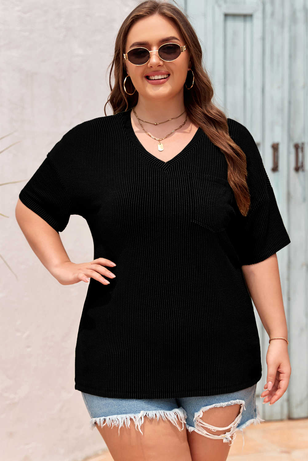 Black Textured V-Neck Dropped Shoulder Plus T-Shirt