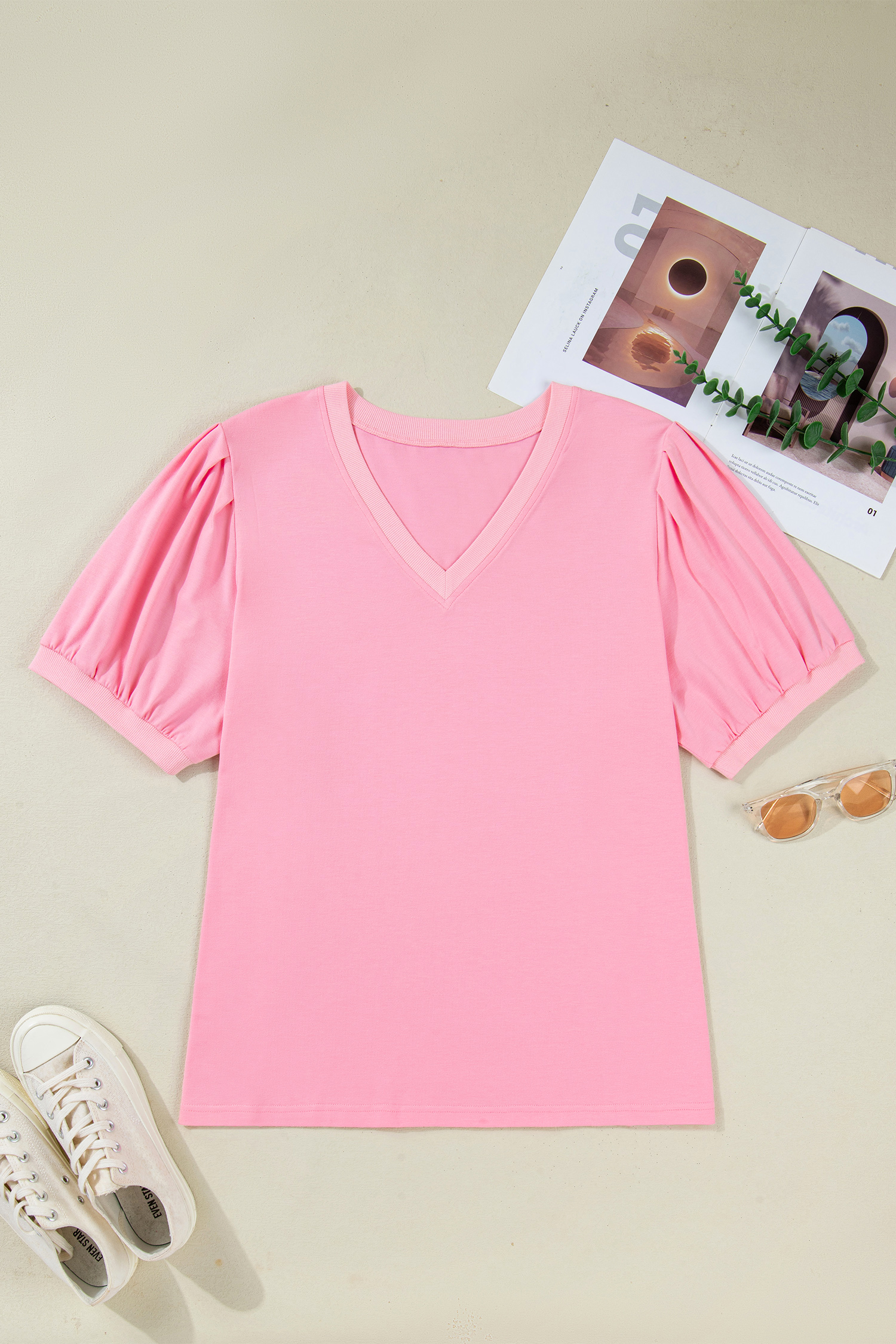 Plus Size Bonbon V Neck Pleated Short Puff Sleeve  Blouse