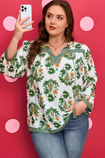 Plus Size Green  Floral Printed Contrast Patchwork Detail Tassel Tie 3/4 Sleeve Blouse